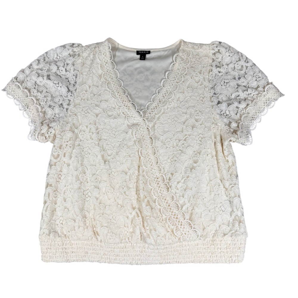 Torrid Ivory Floral Lace Surplice Puff Sleeve Smocked Top 1 Plus Size 40715109